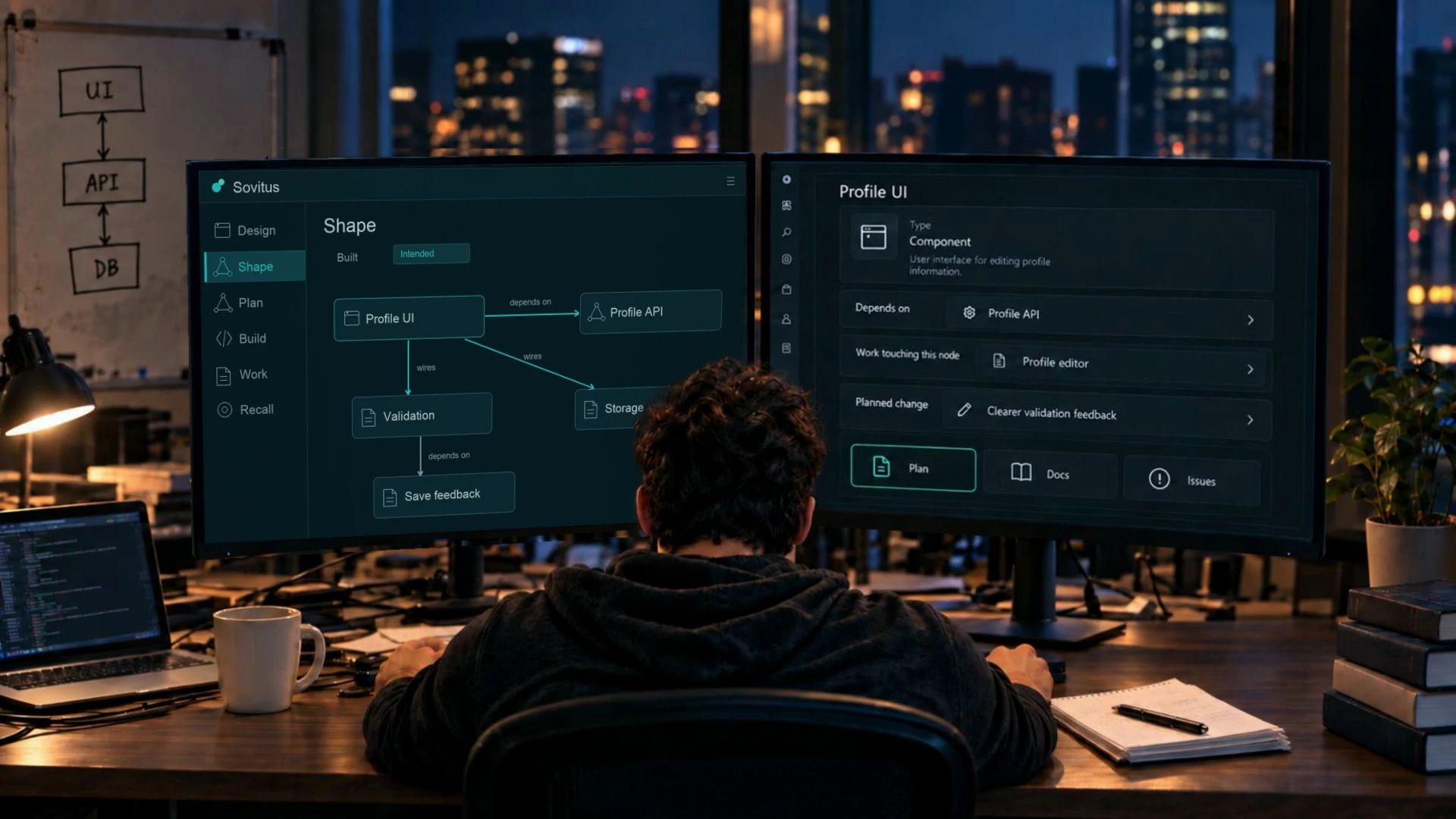 A connected product shape links the interface, API, validation and planned work.