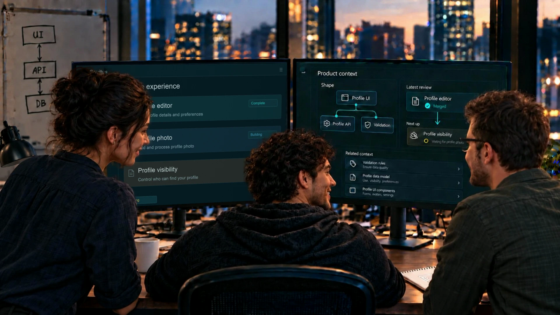 Three colleagues share an organized workspace and a connected view of their product’s progress.